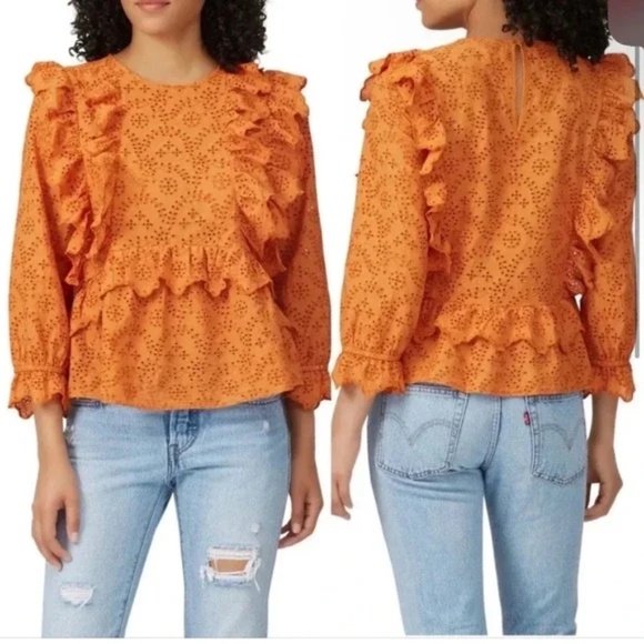 The Great Eyelet Ruffle Flutter Top Womens 3 Rust Orange Cotton Keyhole Back - Picture 7 of 8